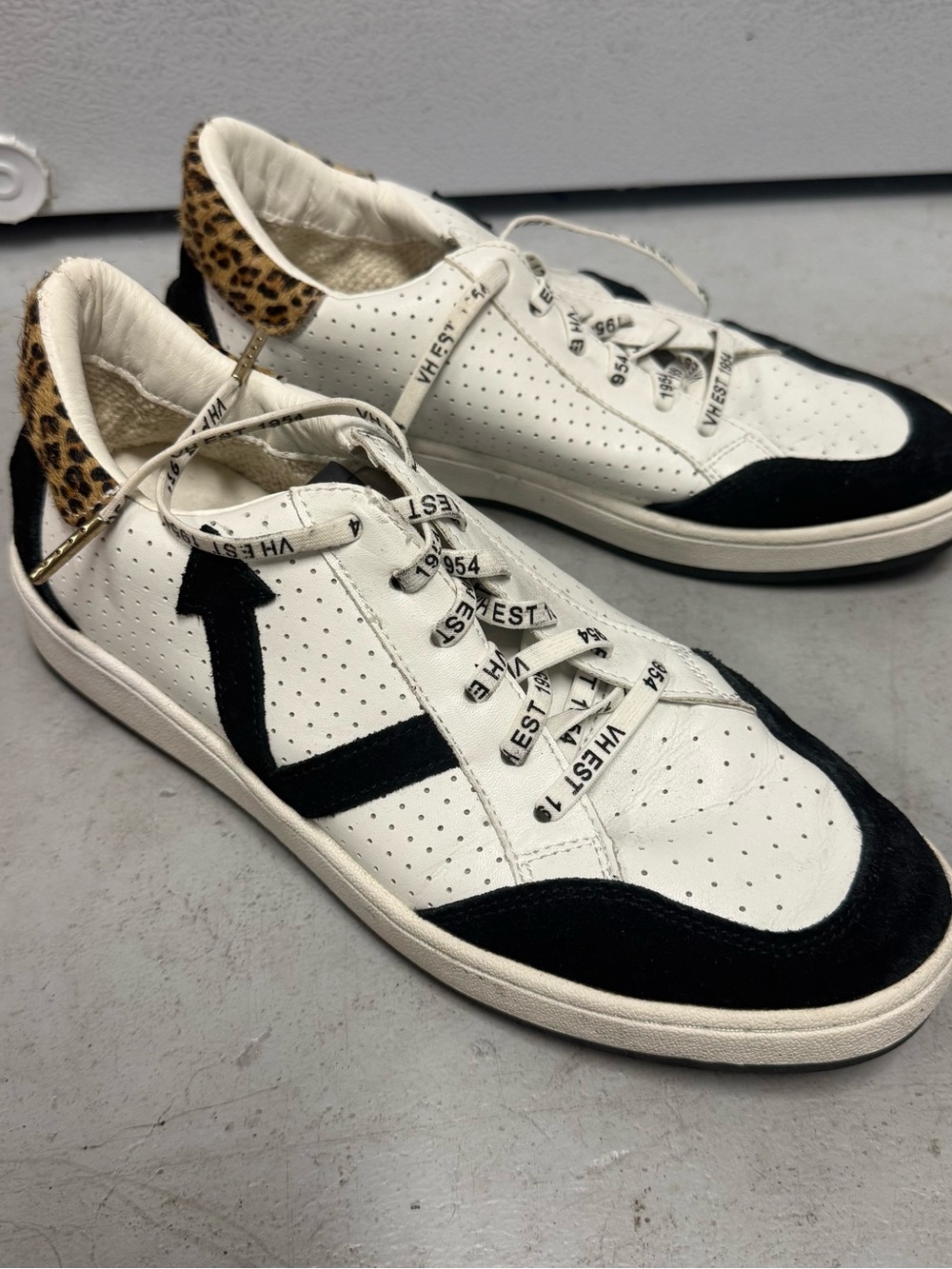 White & Black Womens Leather Sneakers with Leopard Accent NEAR Size 11 WORN ONCE